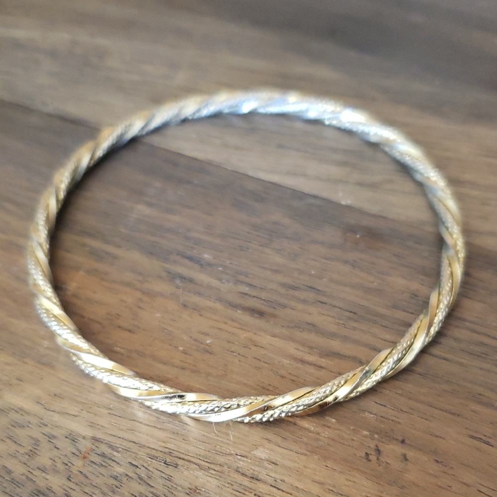 Elegant Entwined Gold and Silver Twisted Two Tone Bangle Bracelet